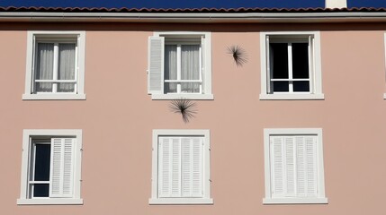 Fototapeta premium Facade of a light-pink building with white window shutters and decorative elements