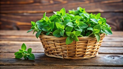 Fototapeta premium A fragrant bunch of fresh oregano leaves arranged artfully in a small wooden basket, fresh produce, culinary