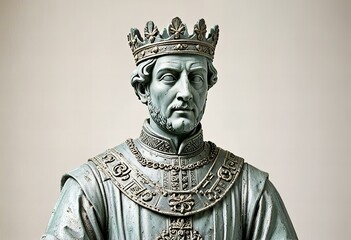 Elegant Showing Tudor king statue, isolated against a white background.