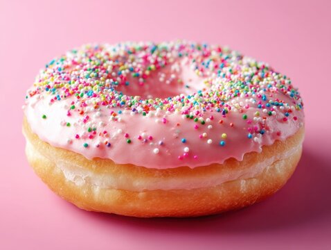 Delicious pink donut with colorful sprinkles on a vibrant pink background perfect for sweet treat cravings and bakery themes