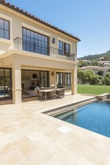 Obraz premium Luxurious outdoor patio area with a swimming pool and a modern home