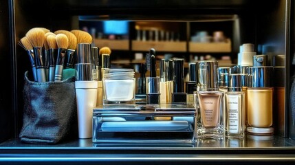 Makeup display showcasing various cosmetics and brushes