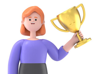 Successful businessman on hand holding trophy and briefcase, celebrates his victory.Transparent Background Mockup.Supports PNG files with transparent backgrounds.
