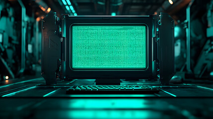Vintage Cyber Display: A retro, high-tech computer monitor with a unique green screen in a futuristic and cinematic scene, hinting at advanced tech.