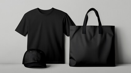 Blank black t-shirt, tote bag and baseball cap laying on soft gray backdrop