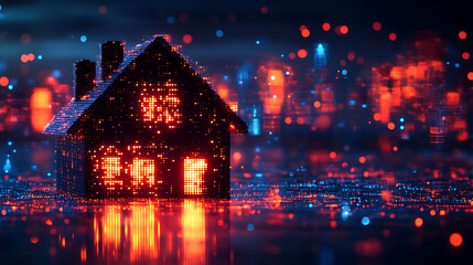 Fototapeta premium Illuminated digital smart home model glowing in night tech environment