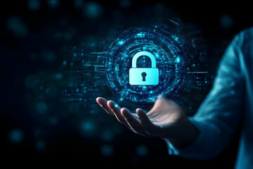 A digital representation of cybersecurity, showcasing a hand holding a glowing padlock symbol surrounded by data patterns.