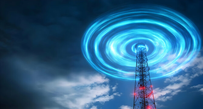 A futuristic radio tower emitting vibrant waves into the sky, representing the power of communication in modern technology.