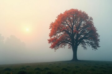 Isolated tree in a misty forest with foggy atmosphere, serene landscape, leaves, isolated tree