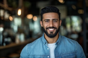 Fototapeta premium A young smiling Turk with a beard in a denim shirt against the blurred background of a coffee shop. The concept of a lifestyle in a modern city.