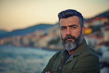 Obraz premium A bearded Turk with a gaze in a shirt stands against a blurred background of the Mediterranean coast, a travel concept and lifestyle.