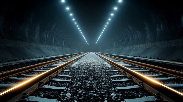 Dimly Lit Tunnel with Parallel Train Tracks Leading into Darkness