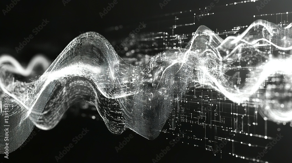 Poster a digital abstract waveform created with light and structure