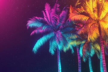 Vibrant palm trees illuminated by neon colors against a dark night sky