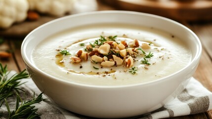 Creamy cauliflower soup in bowl, garnished with almonds and herbs, on wooden table