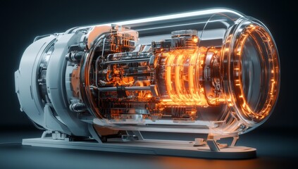 Futuristic, translucent engine showcasing intricate internal components, glowing orange energy conduits