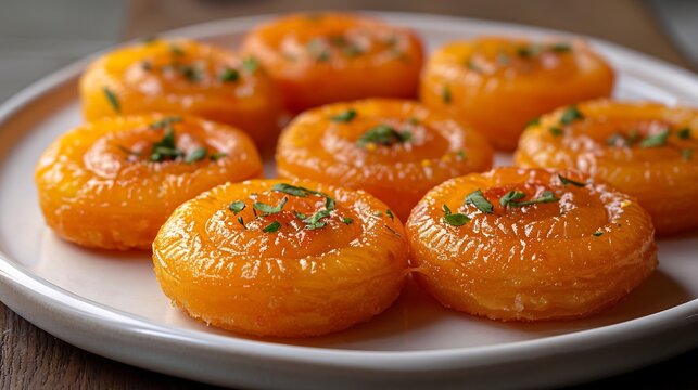Indian imarti deep fried orange swirl sweet served white ceramic plate zoomed out