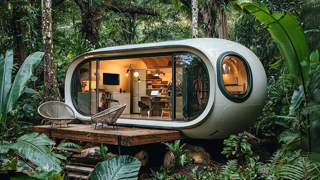 Futuristic capsule-shaped dwelling nestled in lush rainforest.  Features large windows, wooden deck, and minimalist interior