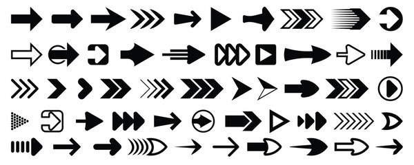 Extensive vector set featuring numerous black arrow designs in various styles, shapes, and orientations, all pointing to the right. Represents direction, navigation, and design elements.