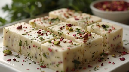 Indian kalakand milk fudge cut into squares garnished pistachios and plated on white background