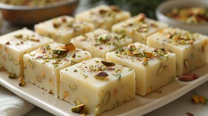 Indian kalakand milk fudge cut into squares garnished pistachios and plated on white background