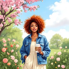 young woman in a field and cofee cup