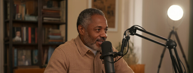 Elderly african male podcaster in a cozy home studio setting