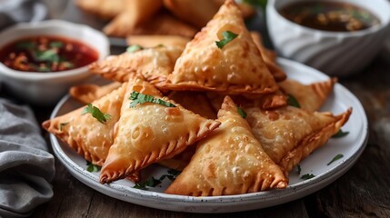 Indian khaja layered fried pastry dipped sugar syrup arranged on white ceramic tray