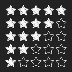 White chalk-style drawing of a five-star rating system on a dark blackboard background, with increasing filled stars. Represents feedback, review, and quality assessment. © Mr. Designer