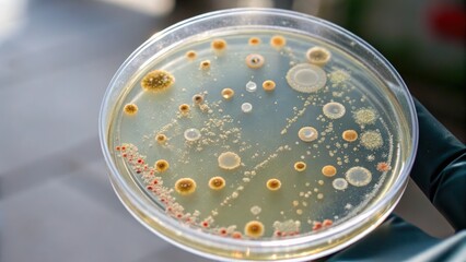 Petri dish with microbial cultures and growth patterns.