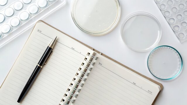 Laboratory notebook with petri dishes and a pen on a white background.