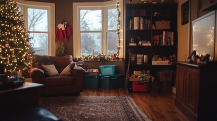 Cozy Christmas living room with festive decor and winter view