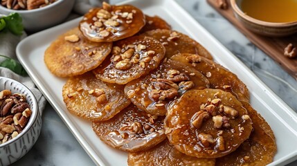 Indian malpua syrup soaked fried pancakes garnished nuts arranged on white tray