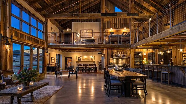 Spacious, rustic barn-style home with high ceilings, exposed beams, and large windows overlooking a mountain view