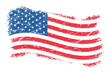 PrintDistressed, grunge-style illustration of the American flag with stars and stripes, isolated on a white background. Represents patriotism, USA, and vintage design.
