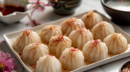 Indian modak steamed rice dumplings coconut filling arranged in a pyramid on white tray