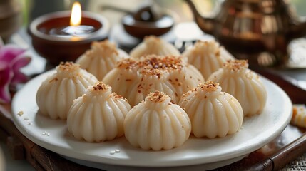 Indian modak steamed rice dumplings coconut filling arranged in a pyramid on white tray