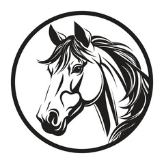 Elegant white silhouette of a horse head with flowing mane, contained within a black circle on a white background. Represents animals, equestrian themes, and stylish design.