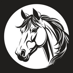 Elegant white silhouette of a horse head with flowing mane, contained within a white circle on a black background. Represents animals, equestrian themes, and stylish design.