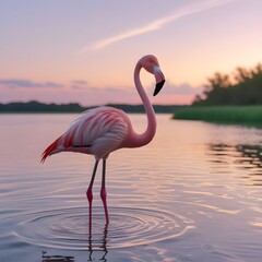 Fototapeta premium A serene and slender flamingo, its delicate feathers a gentle blend of soft pink and white hues, stands elegantly in the shallow waters of a tranquil lake, the water's subtle ripples reflecting the wa