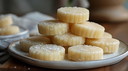 Indian peda milk fudge sweets round shapes stacked neatly on a white ceramic plate