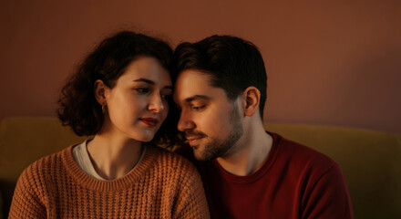 Obraz premium Caucasian young couple embracing on sofa in warm lighting