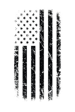 Distressed, grunge-style vertical black and white illustration of the American flag with stars and stripes on a white background. Represents patriotism, USA, and a worn, symbolic look.