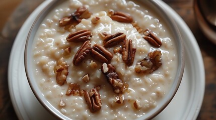 Indian rabri thickened sweetened milk nuts served in a white bowl