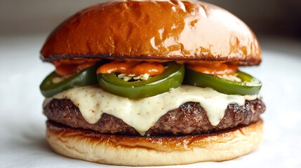 Spicy burger featuring jalapeos pepper jack cheese and sriracha mayo isolated on white
