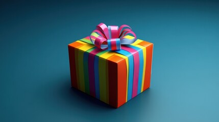 Fototapeta premium Vibrant gift box with colorful stripes and ribbon on a clean teal background in studio shot with soft lighting and a modern aesthetic