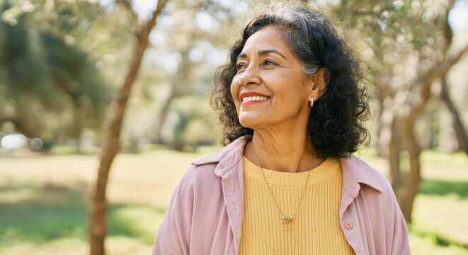 Smiling mature hispanic woman enjoying a sunny day outdoors - Powered by Adobe