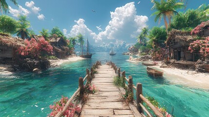 Idyllic tropical island cove with wooden pier, boats, and palm trees.