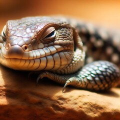 A lizard basking on a warm rock eyes half closed in apparent rel