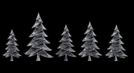 Obraz premium Hand-drawn white Christmas trees on black